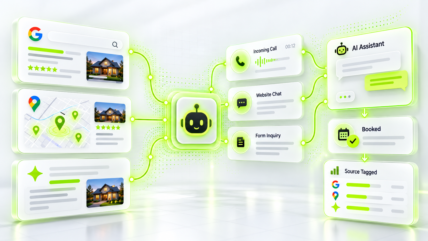 Google Search, Google Maps and AI answers feeding calls, chats and forms into an AI assistant that books and source-tags every lead