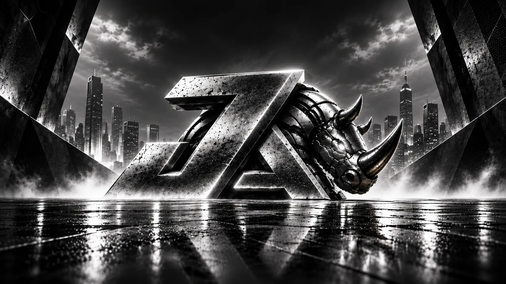 Monochrome Juggernaut Digital AI SEO JA emblem with an armored rhinoceros on a rain-soaked plaza before a futuristic city skyline
