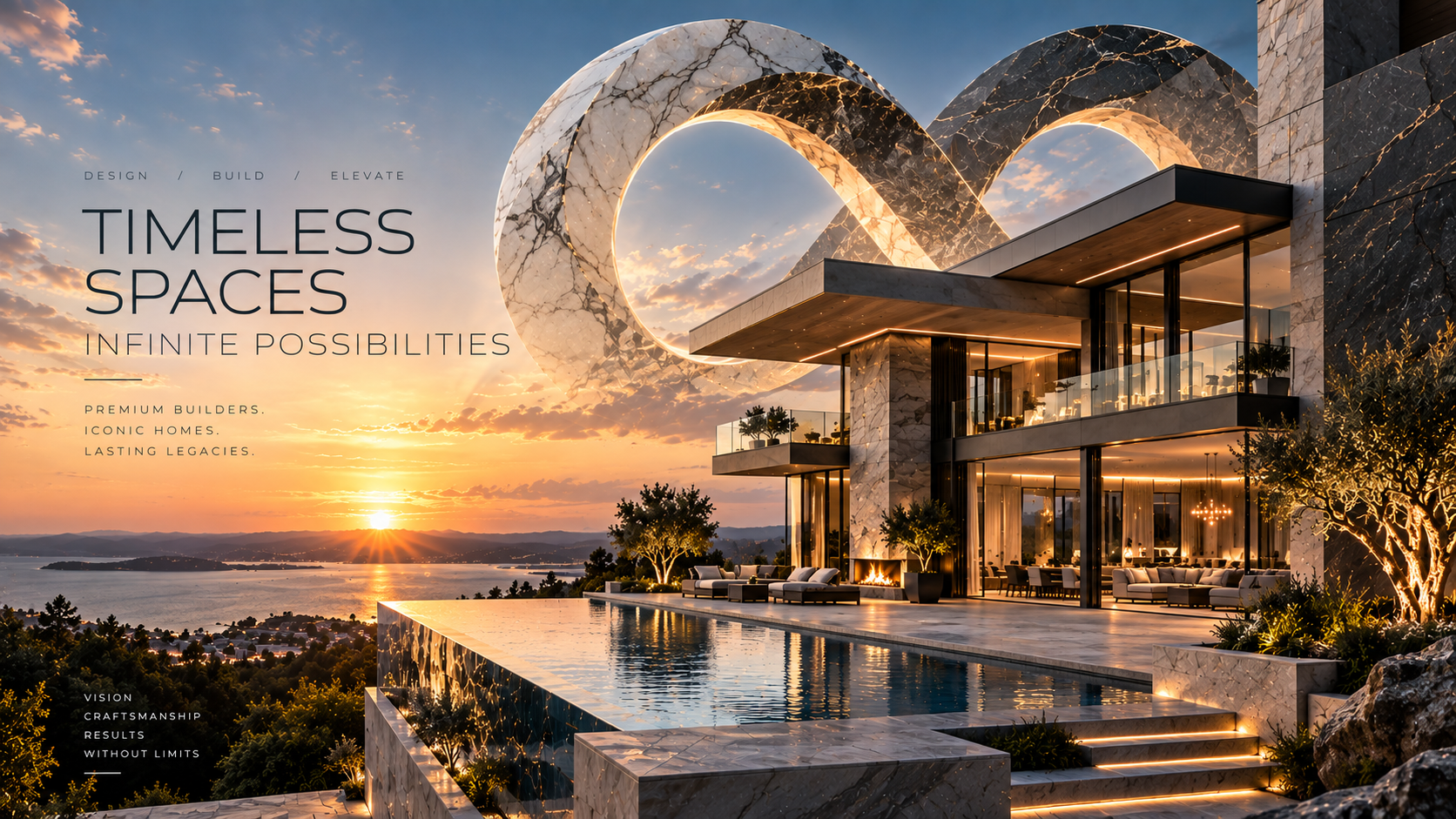 Luxury hillside home at sunset with infinity pool — design, build, elevate